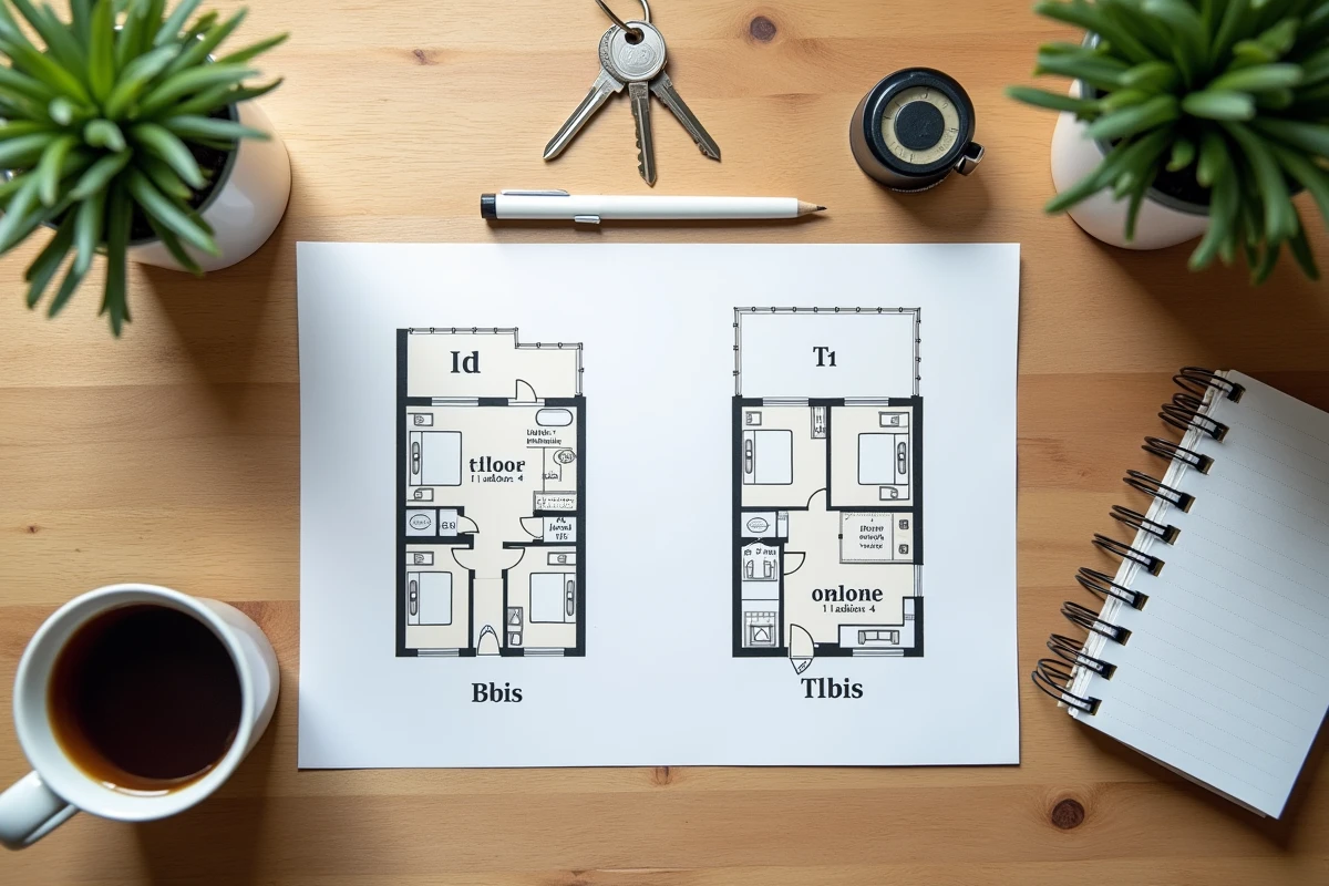 Vue aérienne d'un plan d'appartement T1 et T1bis posé sur une table en bois avec clés et notes immobilières