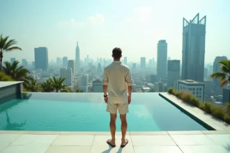 Homme occidental au bord d'une piscine à débordement sur le toit d'un condominium moderne à Bangkok avec vue sur les gratte-ciels