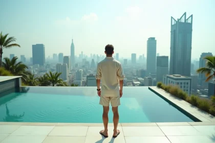 Homme occidental au bord d'une piscine à débordement sur le toit d'un condominium moderne à Bangkok avec vue sur les gratte-ciels