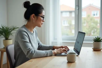 Femme configurant un logiciel de gestion immobilière sur ordinateur portable dans un bureau à domicile moderne