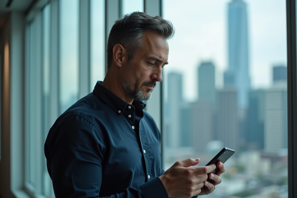 Homme configurant les paramètres de notifications et pièces jointes sur son smartphone en milieu urbain