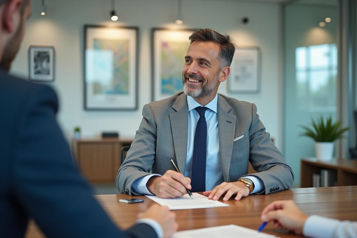 Conseiller immobilier professionnel accompagnant la signature d'un contrat d'investissement dans une agence moderne