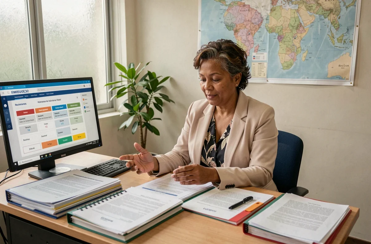 Conseillère en assurance habitation expliquant une offre avantageuse à La Réunion dans son bureau