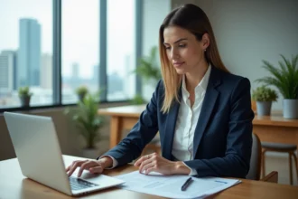 Conseillère immobilière professionnelle analysant des documents d'investissement sur ordinateur dans un bureau moderne avec vue sur la ville