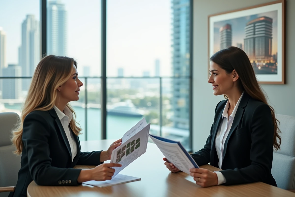 Femme investisseur consultant un agent immobilier dans un bureau moderne avec vue sur la marina de Dubaï
