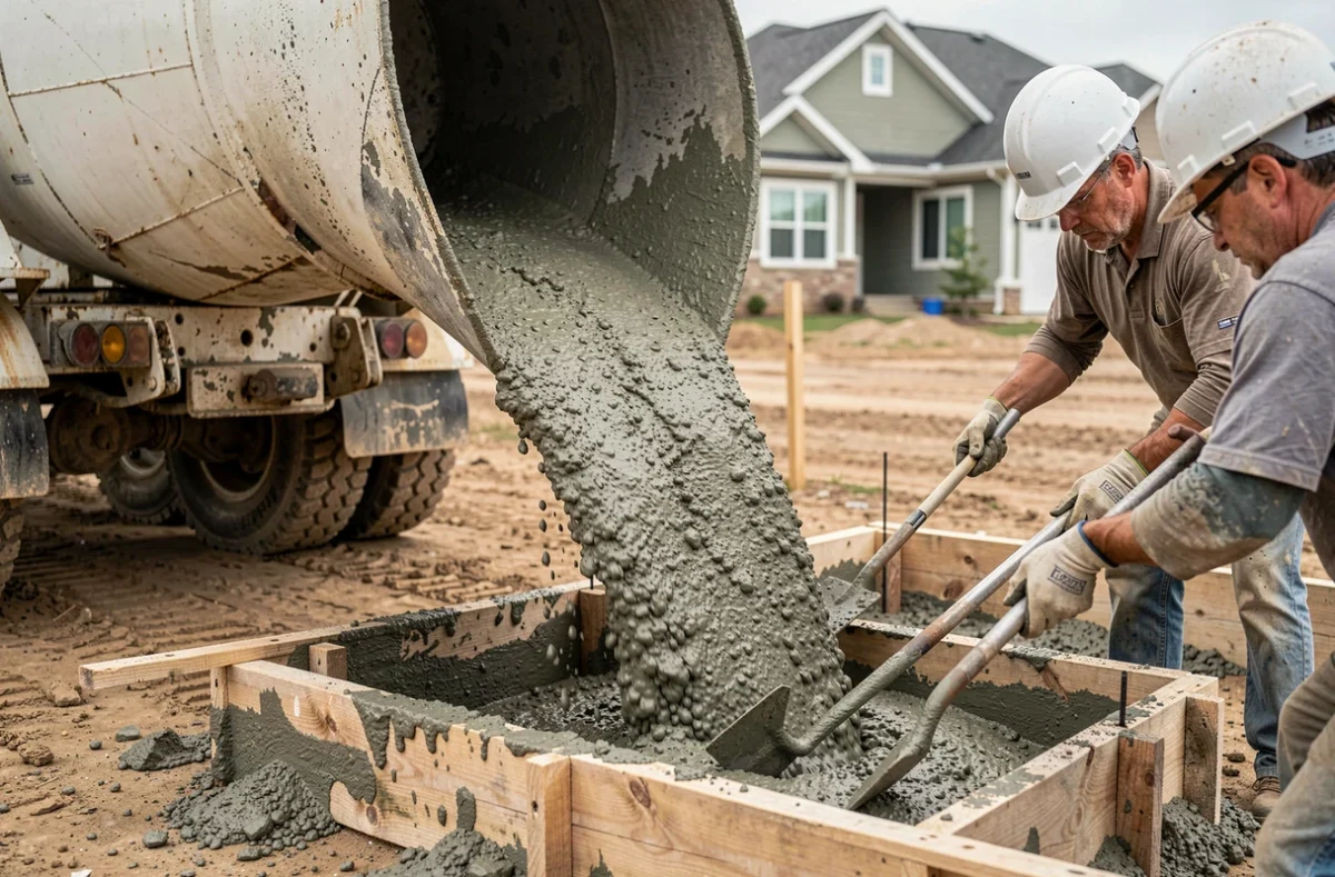 Coulage de béton depuis une toupie dans des coffrages en bois pour des fondations de maison avec deux ouvriers en action