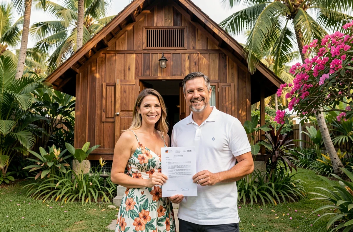 Couple de Français visitant une maison à vendre en Thaïlande entourée d'un jardin tropical avec des documents immobiliers