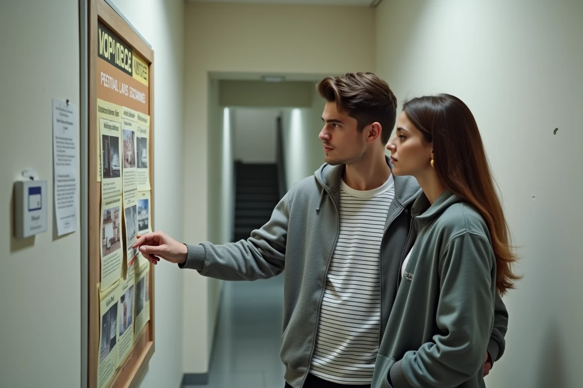 Jeune couple lisant des annonces de mutation et d'échange de logement social dans un couloir HLM