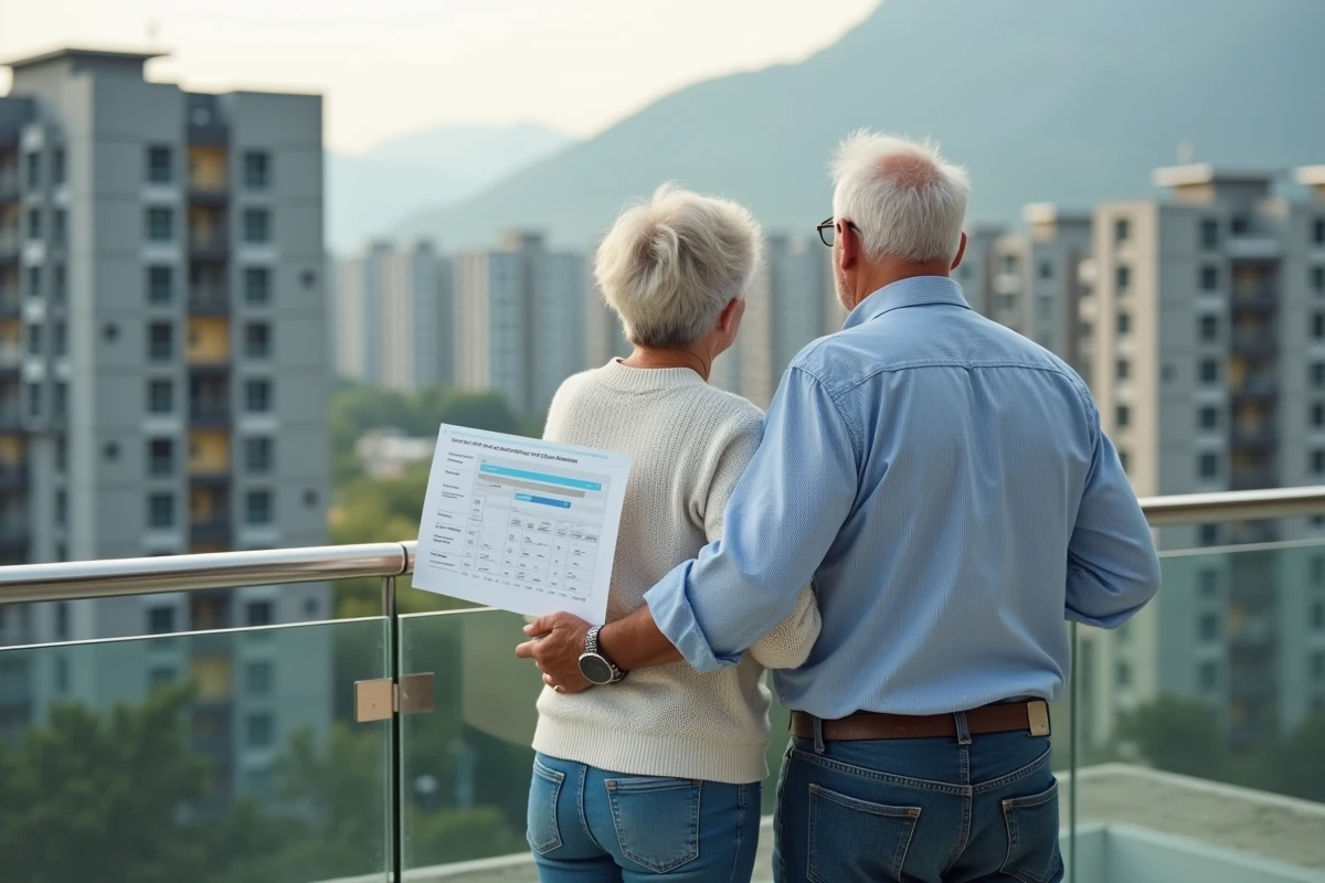Couple d âge regardant un graphique sur un balcon urbain