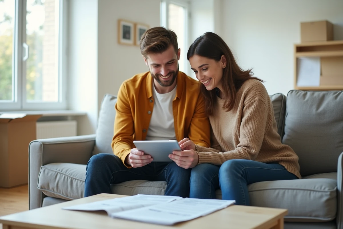 Jeune couple comparant les aides au logement sur une tablette après un emménagement dans un appartement
