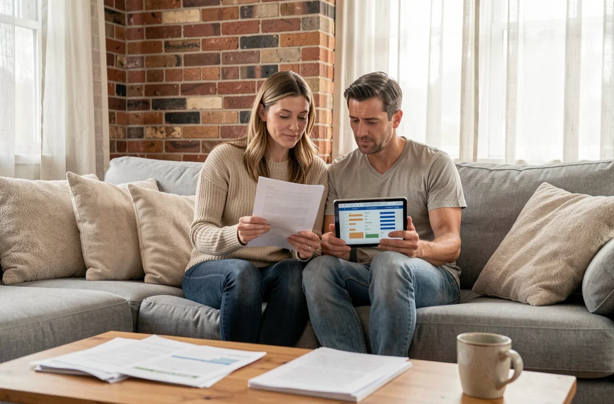 Couple comparant des offres d'assurance habitation avec assistance juridique dans leur salon