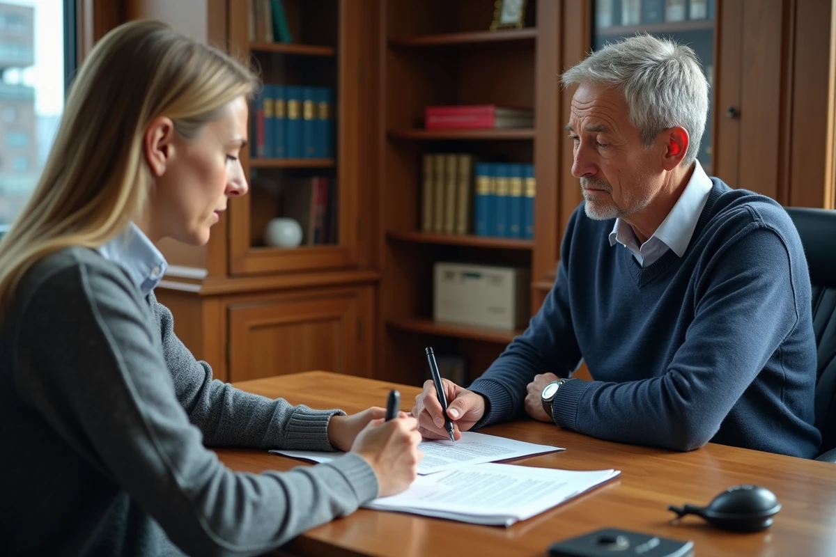 Couple discutant d’un accord immobilier au bureau notarial