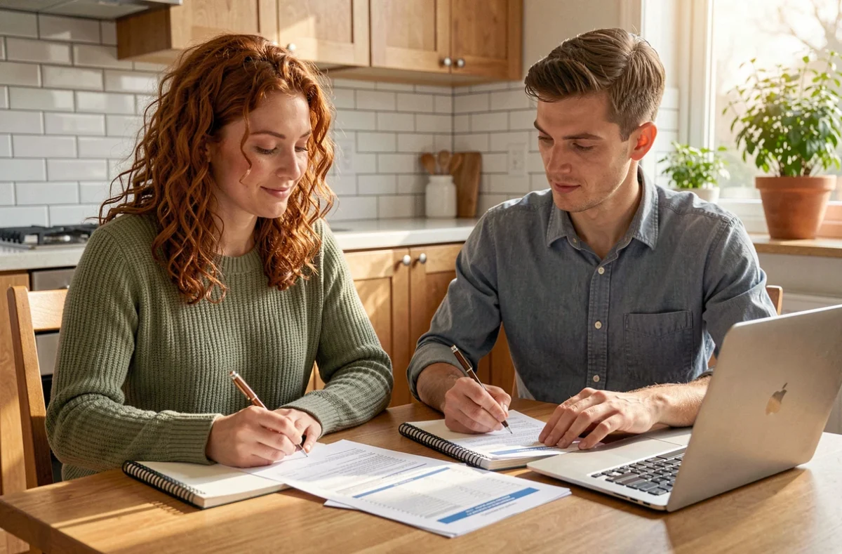 Couple qui prépare ensemble leur dossier de financement immobilier à la maison avec des documents et un ordinateur