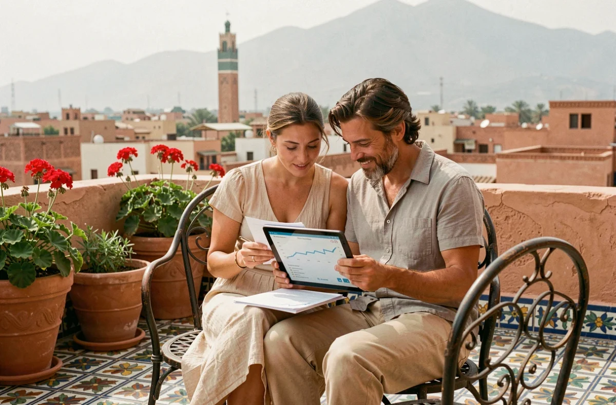 Couple européen étudiant un projet d'investissement locatif saisonnier sur une terrasse de maison à Marrakech avec vue sur la Koutoubia