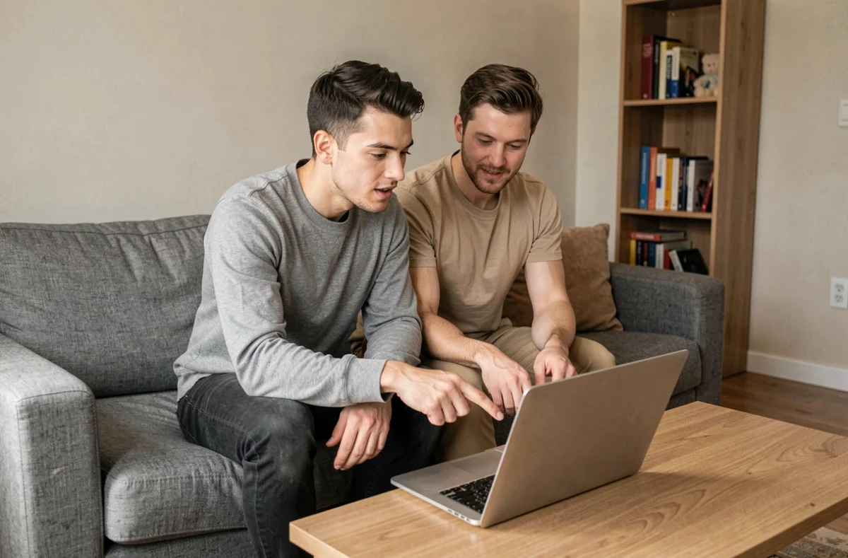 Couple de locataires comparant des offres d'assurance habitation sur un ordinateur portable