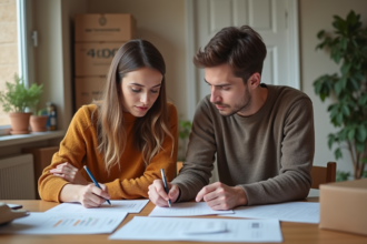 Jeune couple remplissant des papiers dans un appartement en transition