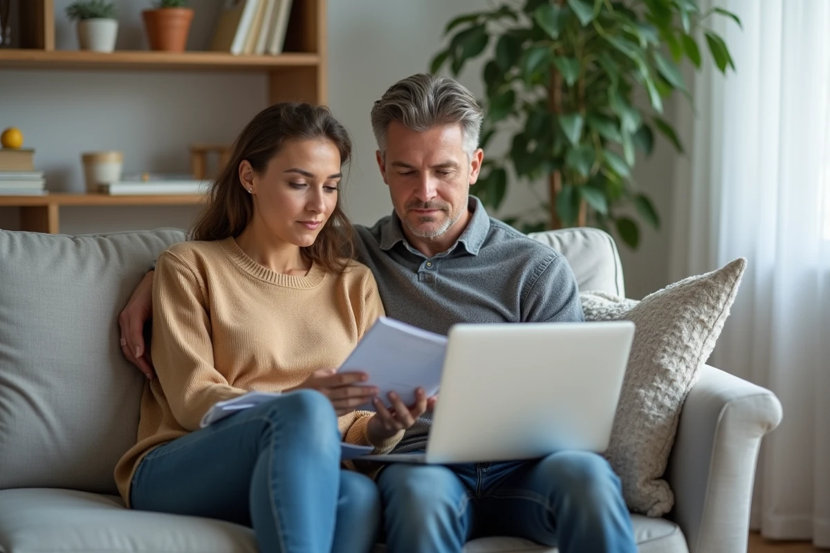 Couple planifiant la construction de leur patrimoine immobilier et financier avec un cahier et un ordinateur portable dans leur salon