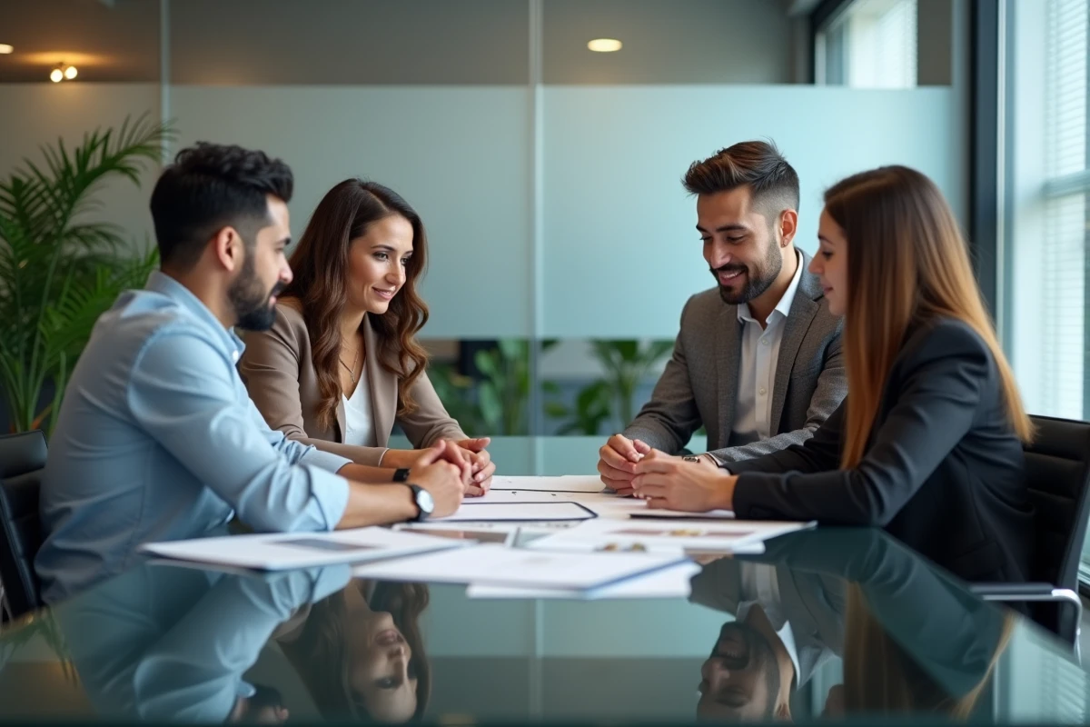 Couple de jeunes adultes en rendez-vous bancaire pour enchaîner prêt étudiant et crédit immobilier locatif