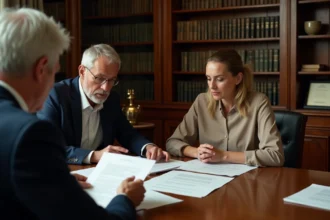 Couple en rendez-vous chez un notaire à Limoges, examinant des documents immobiliers sur un bureau en chêne dans un cabinet traditionnel