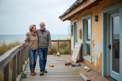 Couple devant maison en rénovation au bord de la mer