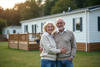 Couple retraité souriant devant leur mobile home en campagne