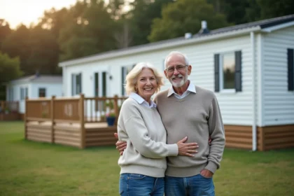 Couple retraité souriant devant leur mobile home en campagne