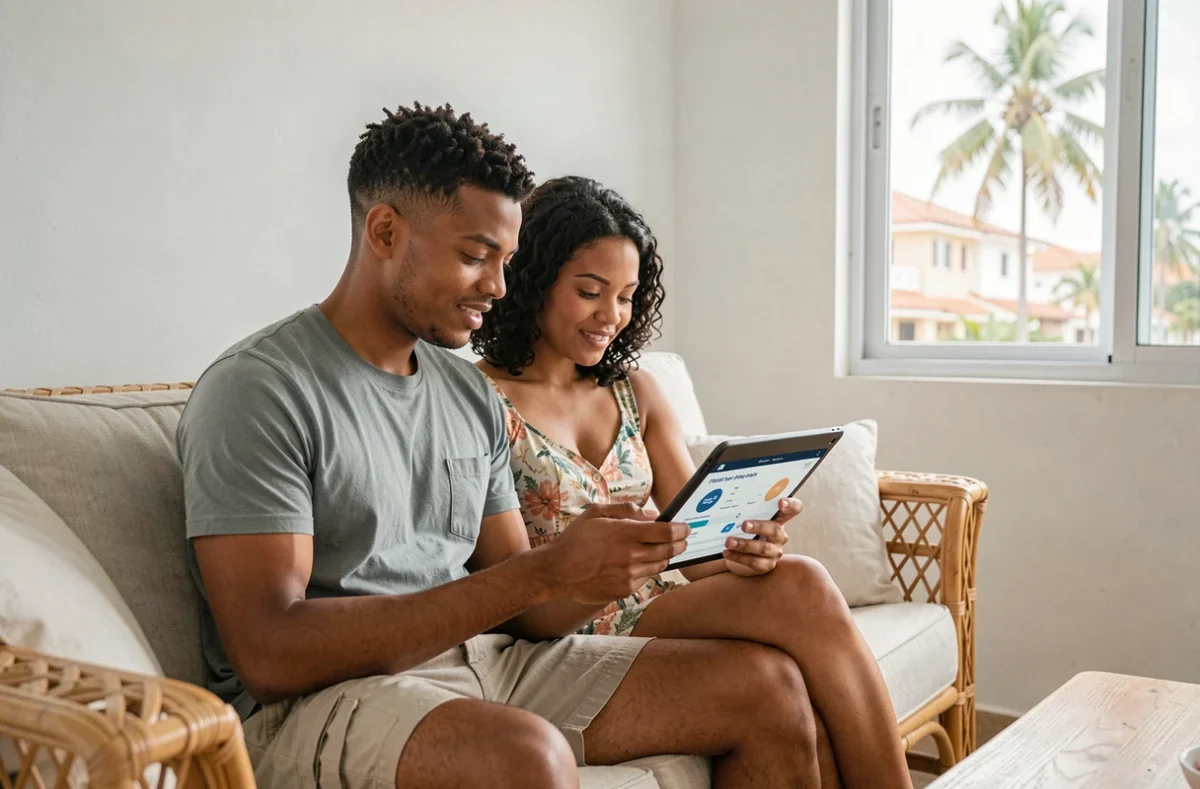 Couple réunionnais cherchant une assurance habitation pas chère sur une tablette dans leur appartement