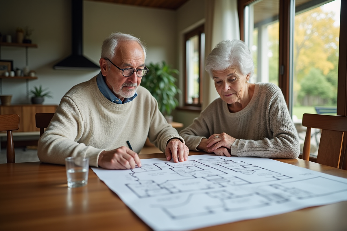 Couple retraité consulte des plans dans une maison chaleureuse