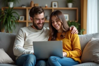 Jeune couple souriant dans un salon cosy discutant d'assurance