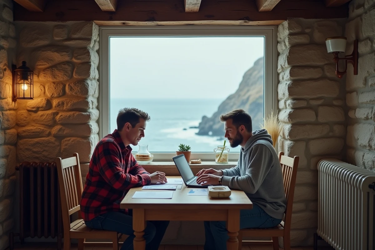 Couple discutant de leur vie à l'année dans un cottage en pierre en bord de mer, avec vue sur l'océan hivernal depuis la fenêtre de cuisine