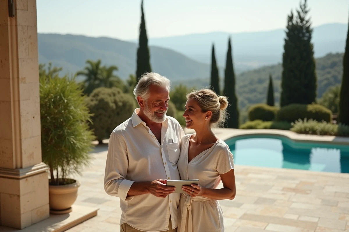 Couple aisé consultant une estimation immobilière en ligne sur tablette devant une villa de prestige avec piscine et vue panoramique