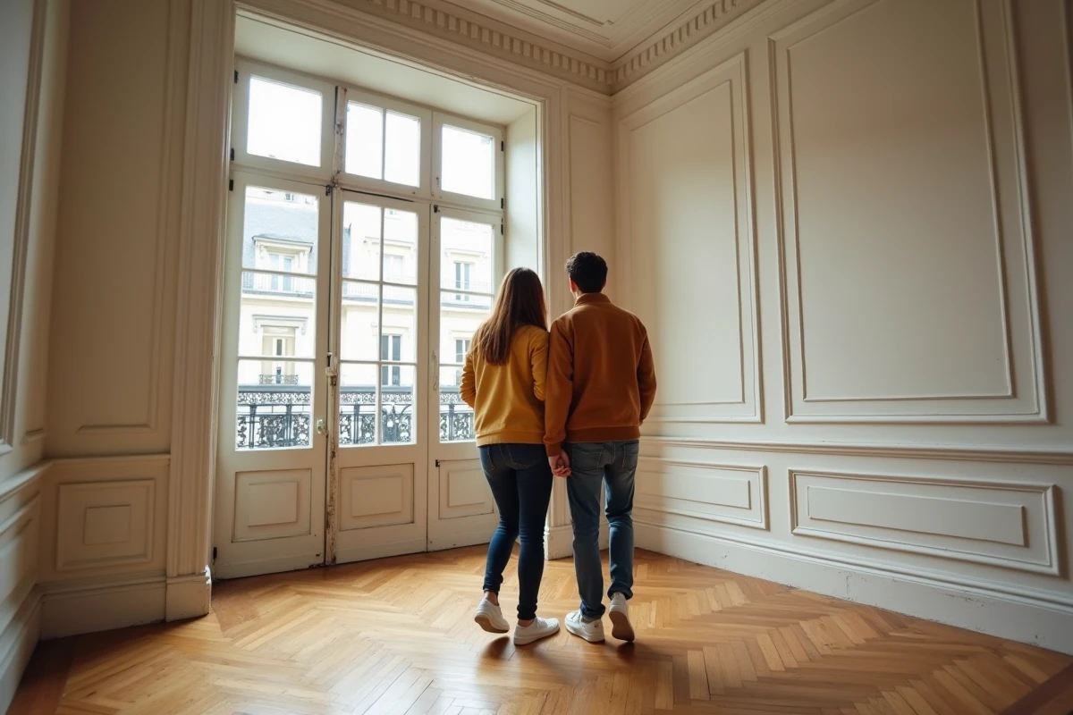 Couple visitant un appartement haussmannien vide avec parquet en point de Hongrie