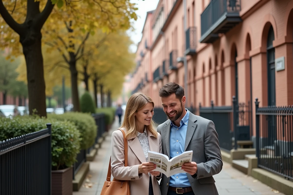 Couple visitant un immeuble d'investissement locatif en brique rose dans une rue résidentielle de Toulouse
