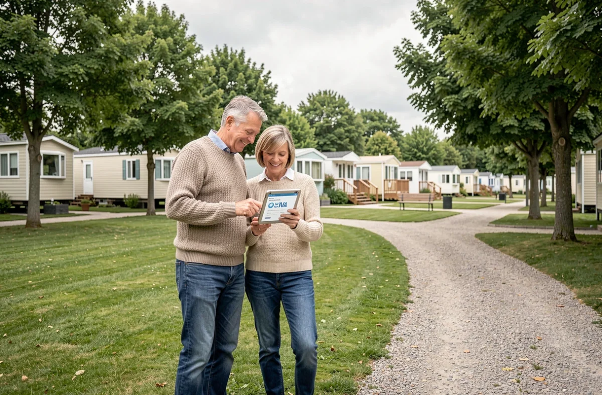 Couple consultant une simulation de crédit sur tablette lors de la visite d'une parcelle à vendre dans un parc résidentiel de loisirs