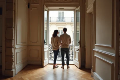 Couple visitant un appartement T2 ancien avec parquet en chêne et moulures haussmanniennes