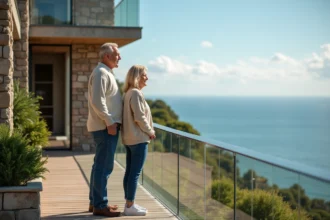 Couple regardant l'océan depuis une terrasse en bois