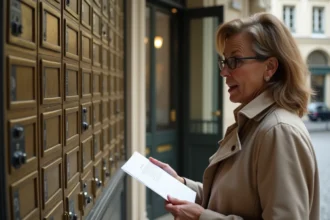 Femme tenant une enveloppe officielle devant les boîtes aux lettres d'un immeuble parisien haussmannien