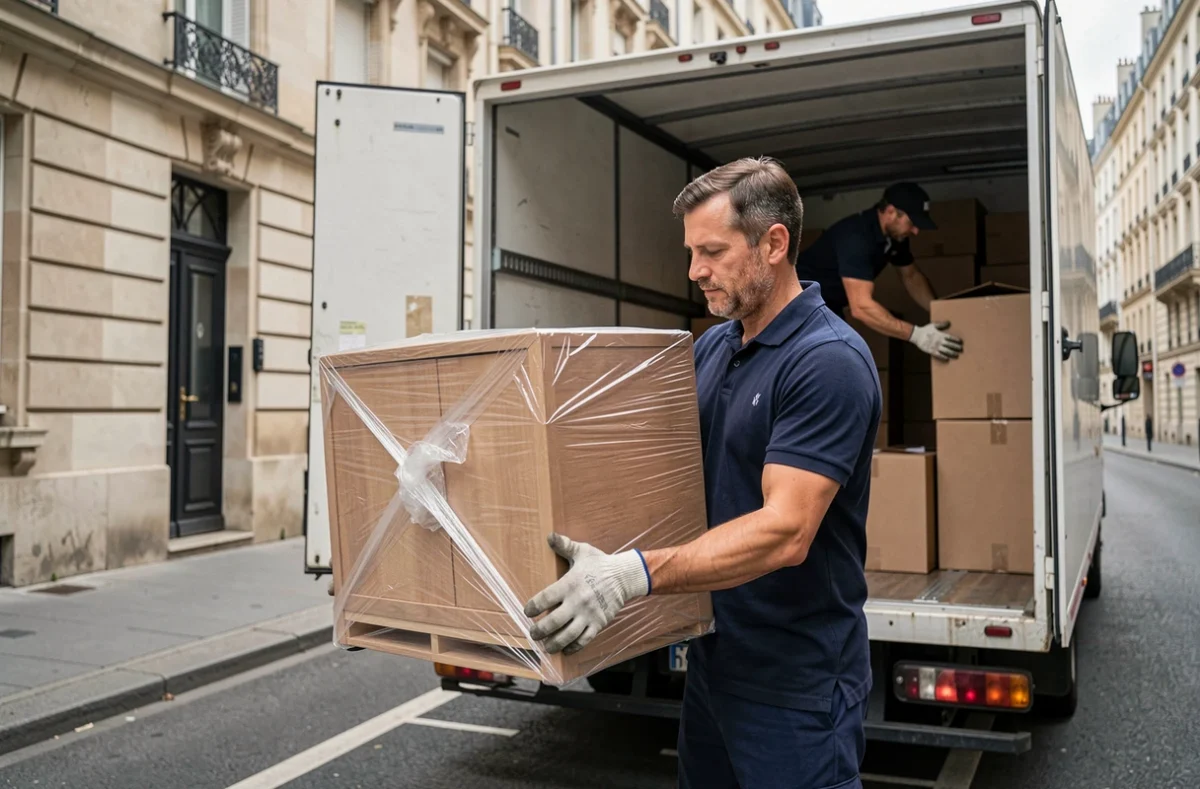 Déménageur professionnel chargeant des meubles dans un camion de déménagement dans une rue française
