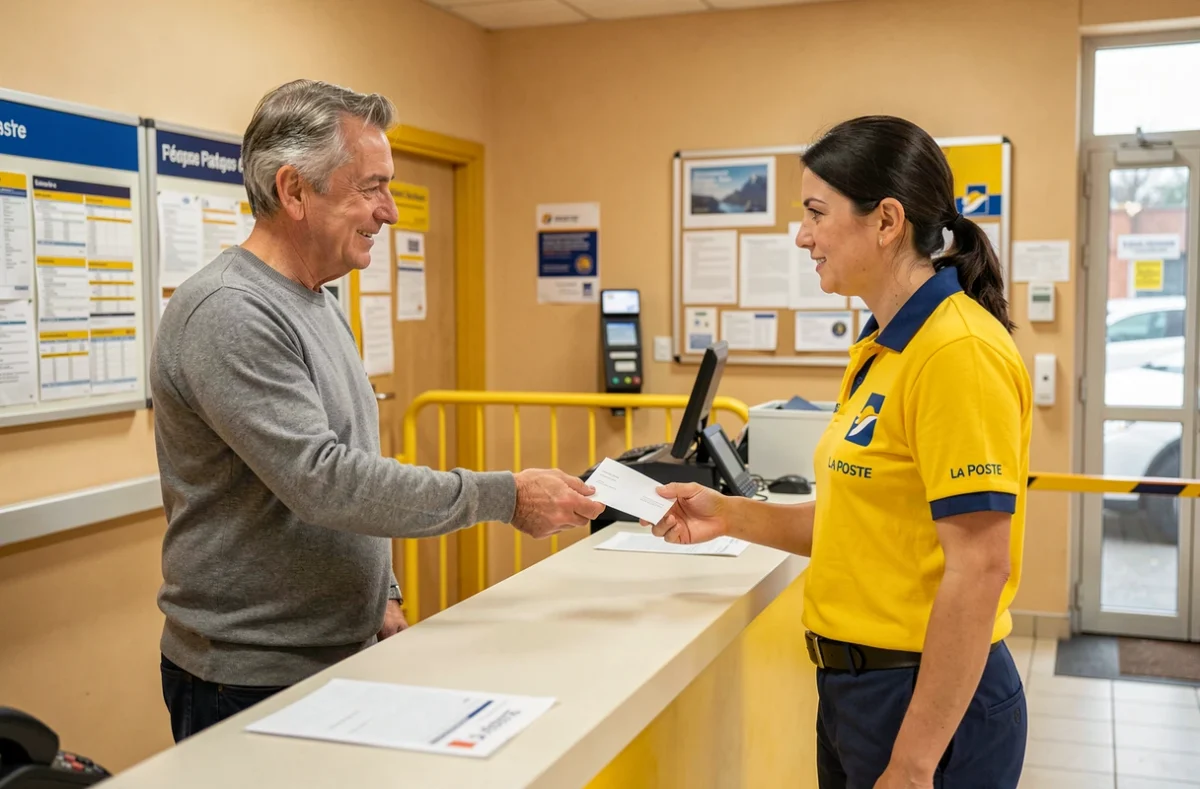 Homme déposant une lettre de résiliation d'assurance au guichet de La Poste
