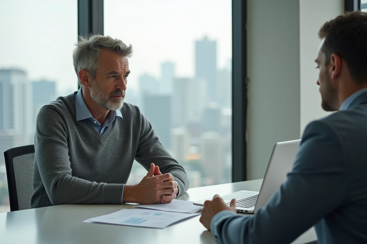 Homme discutant avec conseiller bancaire dans un bureau lumineux