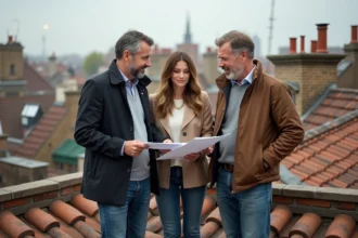 Trois personnes discutent sur une terrasse de toiture urbaine