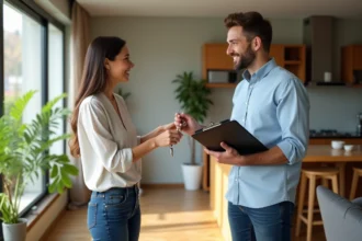 Femme souriante donnant des clés à un homme dans un salon lumineux
