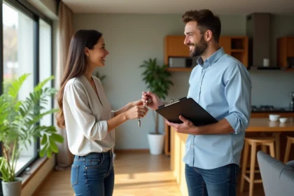 Femme souriante donnant des clés à un homme dans un salon lumineux