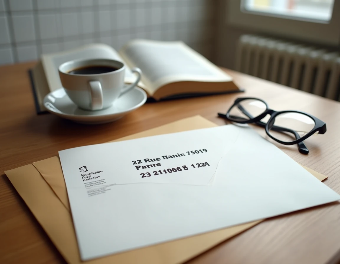 Enveloppe courrier administratif avec adresse 121 rue Manin Paris 19 posée sur une table en bois