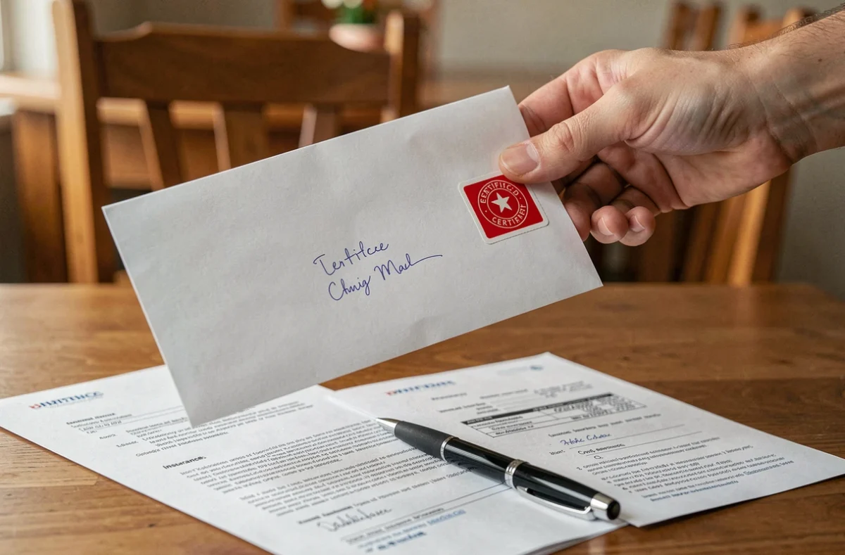 Gros plan sur une enveloppe recommandée contenant une lettre de résiliation d'assurance habitation