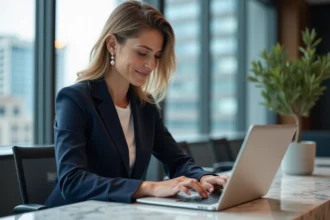 Professionnelle de l'immobilier de prestige consultant une estimation immobilière en ligne sur ordinateur portable dans un bureau moderne et luxueux
