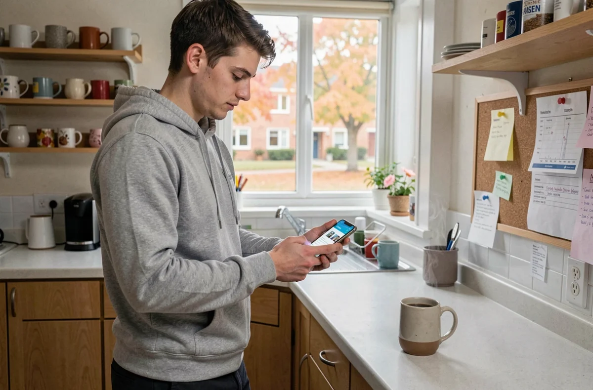 Étudiant recherchant une assurance habitation sur son smartphone dans une cuisine partagée