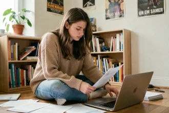 Jeune étudiante comparant des offres d'assurance habitation dans son appartement étudiant