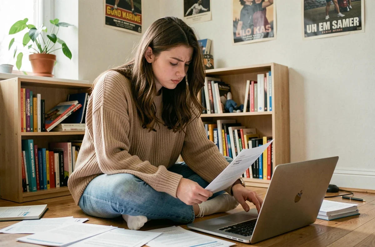 Jeune étudiante comparant des offres d'assurance habitation dans son appartement étudiant