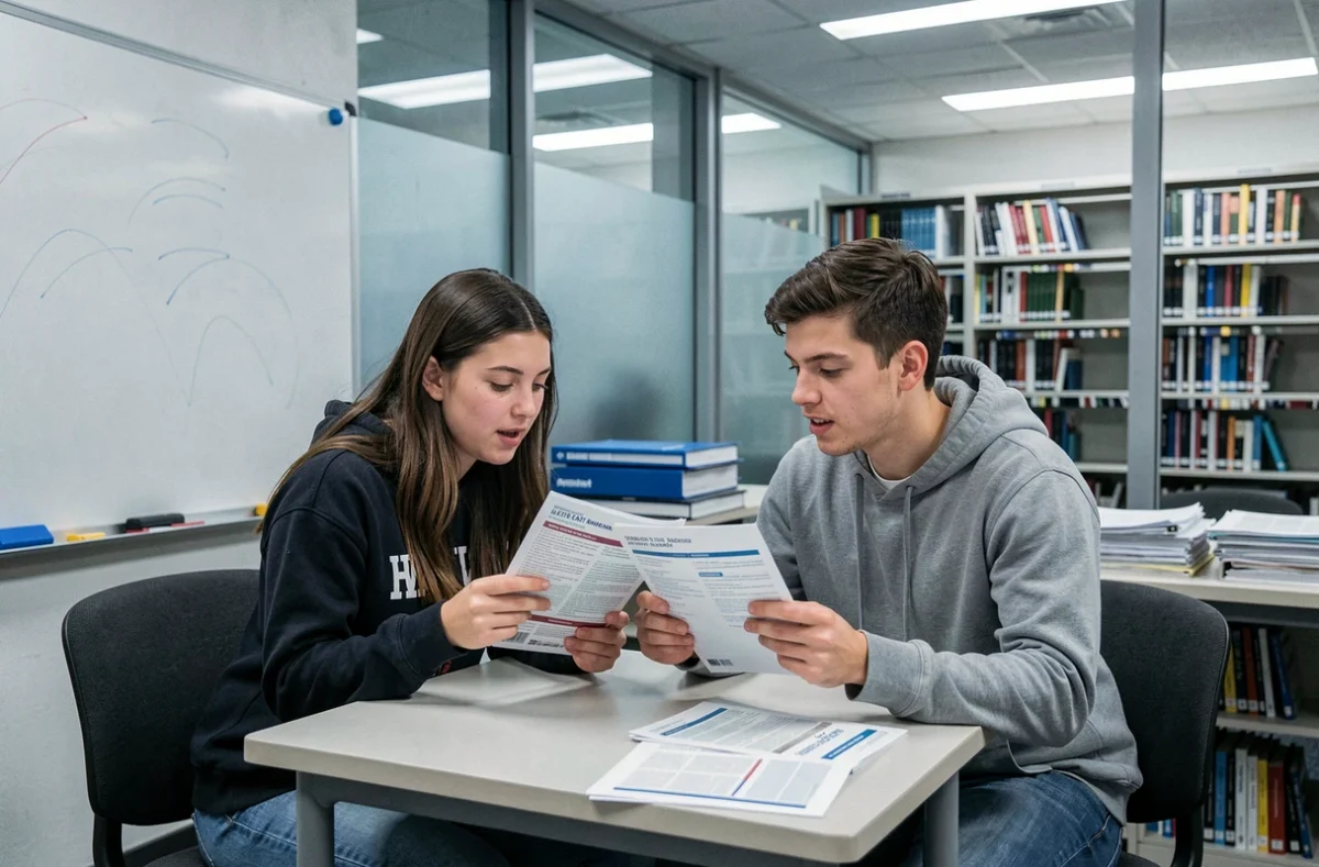 Deux étudiants comparant des brochures d'assurance habitation dans une salle d'étude universitaire